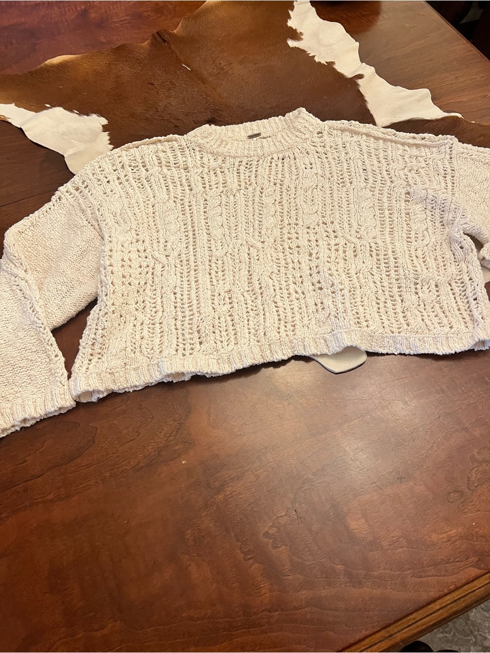 Free People Cream Cable Knit Cropped Crew Sweater